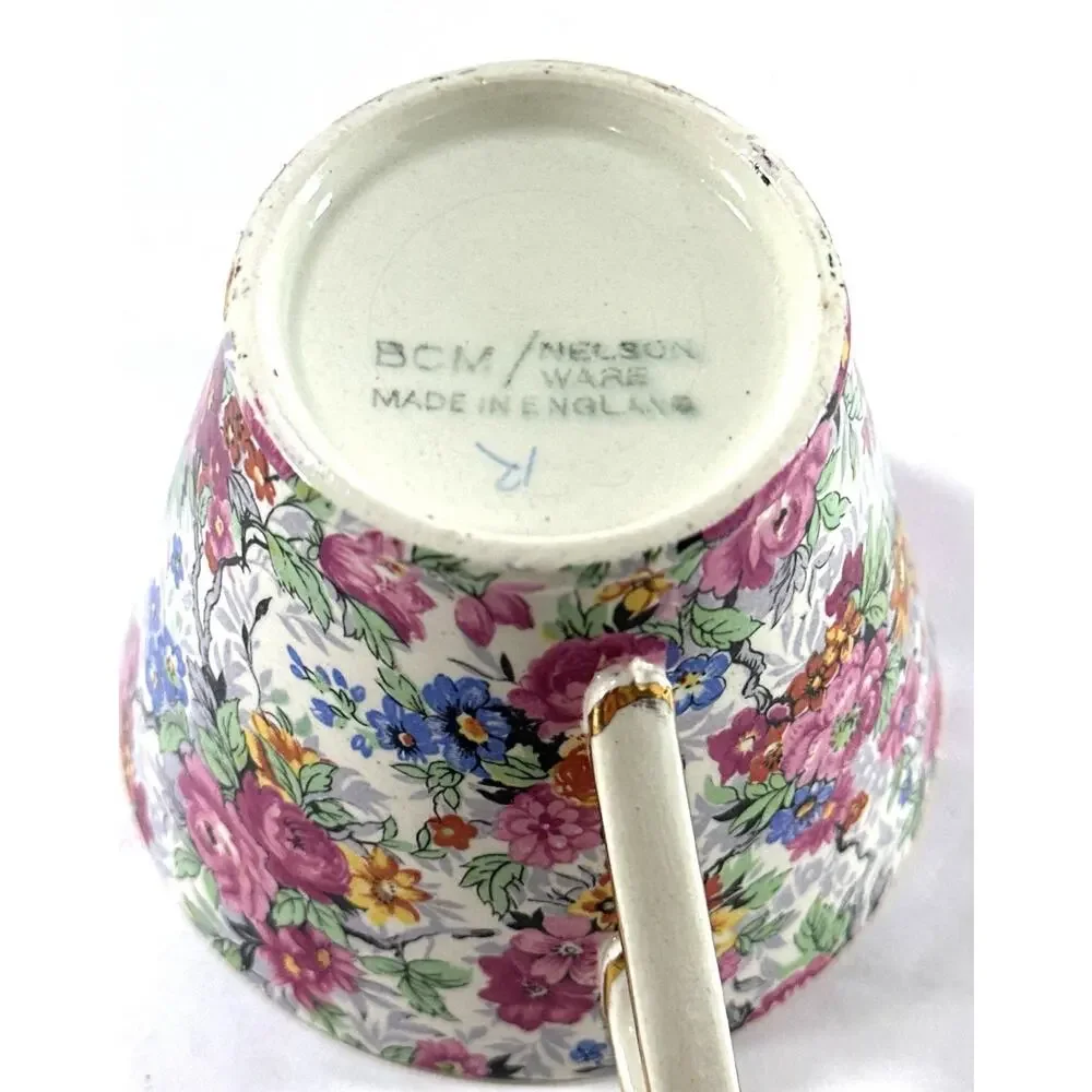 BCM Nelson Ware Chintz Floral Teacup & Saucer England Pink Blue Gold Trim